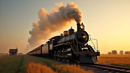 Naklejka premium steam train at sunset in the countryside