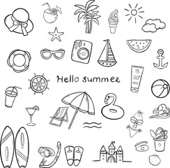 Summer travel beach set doodle vector illustration