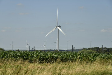 Série d'éoliennes au gré du vent au dessus des terres agricoles à Ghislenghien (Ath)