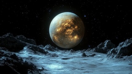 Fototapeta premium Alien landscape A cratered surface beneath a celestial body against a starry sky