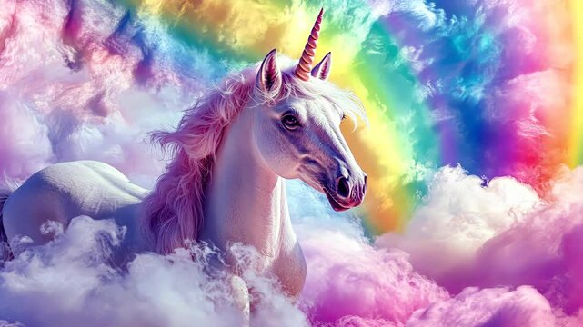 A unicorn is laying on a cloud of pink and purple. The unicorn is surrounded by a rainbow and the sky is filled with clouds. Whimsical and magical feel to it