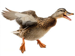 Obraz premium A solitary duck in flight, wings fully extended, against a light background Brown and white color scheme, open beak suggesting vocalization Perspective from below looking up, sunlight - AI-Generated