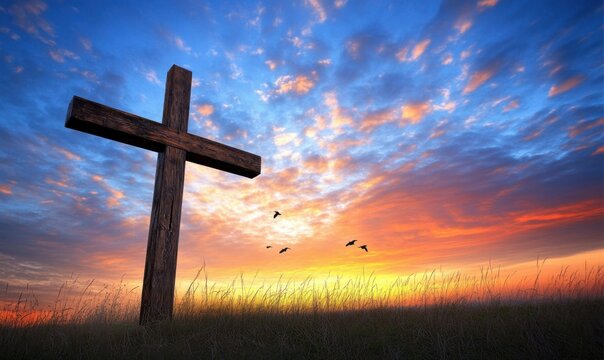 The cross of Jesus Christ with a beautiful sky background, a sunrise, meadow grass, and birds flying in the air Generative AI