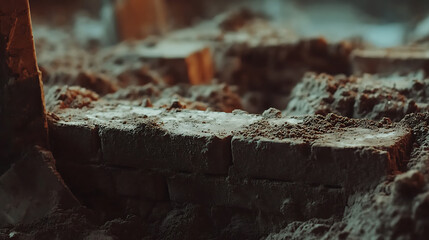 Ruins of a Brick Wall with Debris