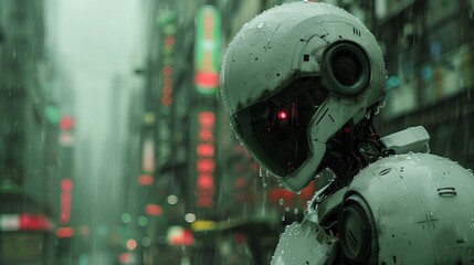 Fototapeta premium Machine navigating city streets in rain, wearing personal protective equipment