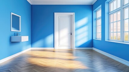 Obraz premium Empty, sunlit, blue room with hardwood floor.