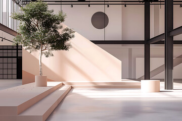 minimalist flat style graphic depicting old warehouse transform into lively cultural centre, showcasing adaptive reuse concept