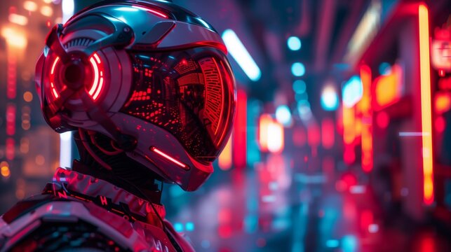 Futuristic character with helmet and goggles in electric blue city