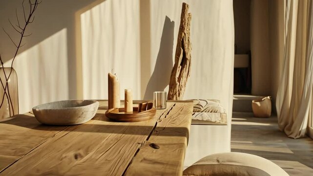 A wooden dining table with a vase of flowers on it. The table is surrounded by a bench and a chair. The room is well lit and has a warm, inviting atmosphere