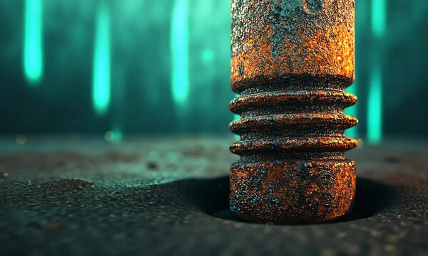 Close-up of a rusted bolt in a metallic surface with vibrant green lighting in the background