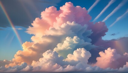 Dramatic sky featuring a rainbow and dynamic clouds, painted with beautiful colors and light.