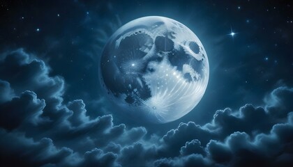 The moon glows brightly in a dark night sky surrounded by fluffy clouds and stars.