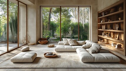 Modern space featuring floor seating and plants high resolution picture