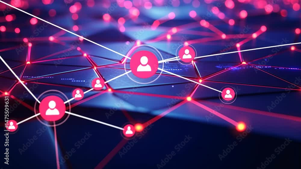 Poster blue and red background with a grid of triangles. futuristic and technological feel to it
