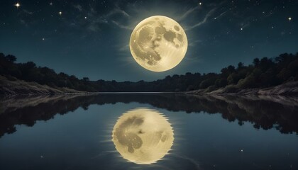 The mesmerizing full moon reflects on the serene lake, creating a magical nighttime scene.