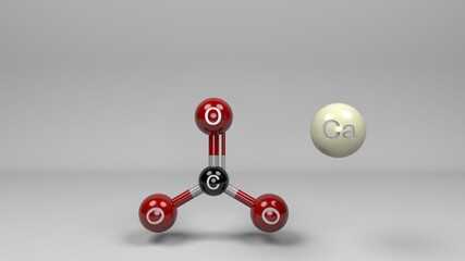 Calcium carbonate molecule. Molecular structure of natural product found in minerals and animal structures as eggshells, exoskeletons with multiple industrial and comercial uses.