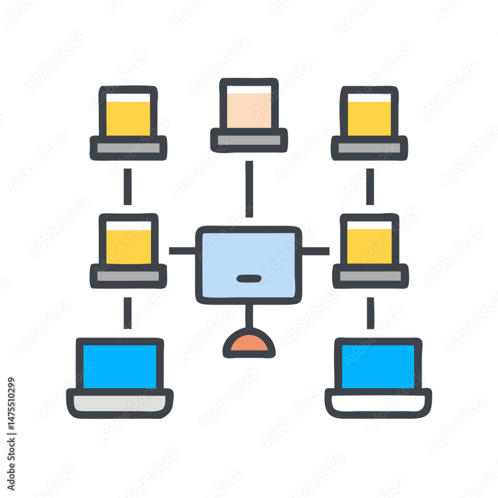 Poster network diagram: computers connected to server on black