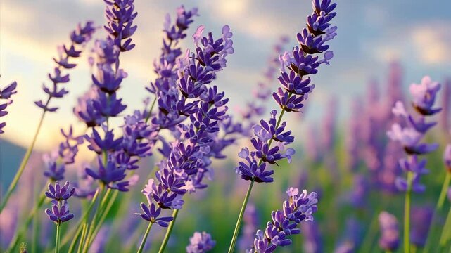 A field of purple lavender flowers with a blue sky in the background. The flowers are tall and spread out, creating a peaceful and serene atmosphere