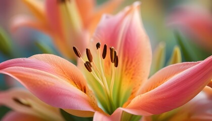 Fototapeta premium Captivating close-up of a lily, showcasing delicate petals and vibrant colors in full bloom.