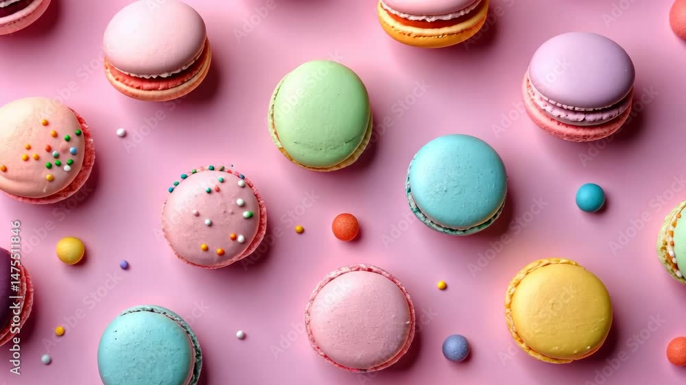 Aufkleber a row of colorful macarons with sprinkles on top. the macarons are arranged in a pattern on a pink b