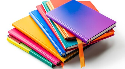 A neatly arranged pile colorful notebooks, isolated on a clean white background