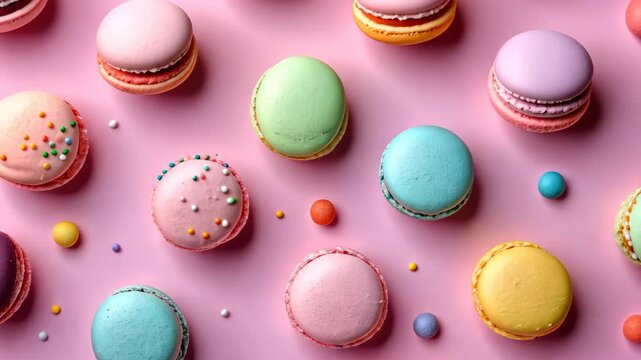 A row of colorful macarons with sprinkles on top. The macarons are arranged in a pattern on a pink background
