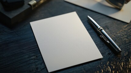 Elegant Stationery Mockup: Blank Paper, Silver Pen, Dark Wood Desk
