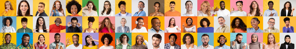 Poster a lively portrait collection showcases diverse individuals smiling and expressing happiness against 