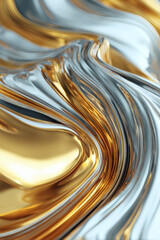 An abstract, flowing composition of gold and silver metallic textures creates a dynamic visual effect.