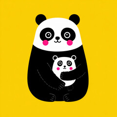 Fototapeta premium Curious Cartoon Panda Bear Mother Child Cute Zoo Graphic Illustration Playful Family Digital Artwork Colorful Nature Creature Whimsical Friendship Furry Forest Embrace Parenting Happiness
