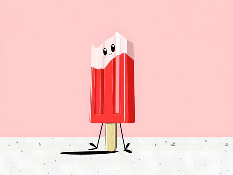 Cheerful Ice Pop: A cute, vibrant ice pop character, sporting a charming smile, stands in a serene, minimalist environment, inviting a moment of cool refreshment.