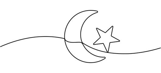 Moon with star continuous line drawing. Vector illustration isolated on white.