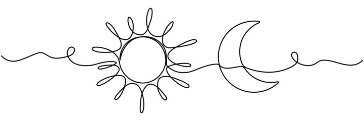 Sun and moon continuous line drawing. Vector illustration isolated on white.