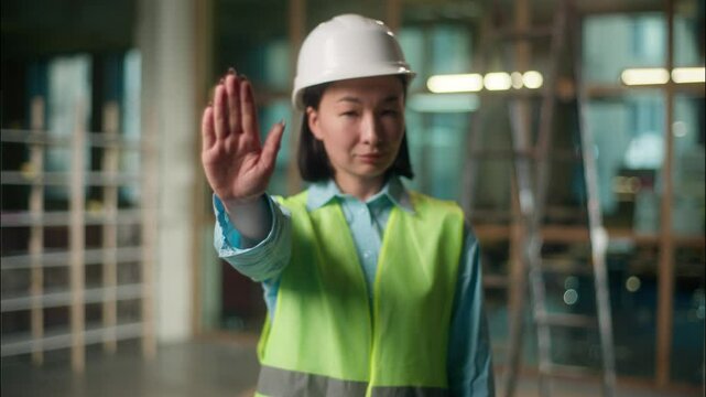 Asian serious woman engineer building industry Chinese Korean girl architect builder in hard hat outstretch hand stop gesture no safety restriction reject arm sign warn forbid strong female portrait