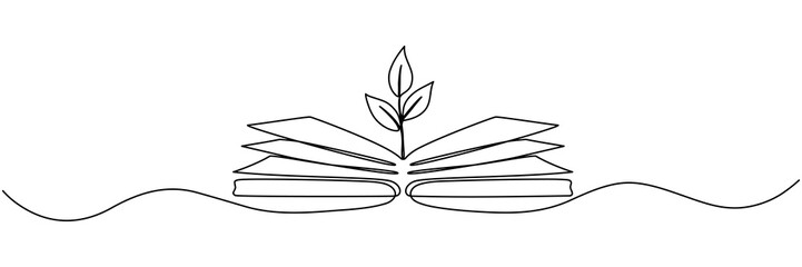 Open book with sprout plant continuous line drawing. Growing wisdom concept. Vector illustration isolated on white.