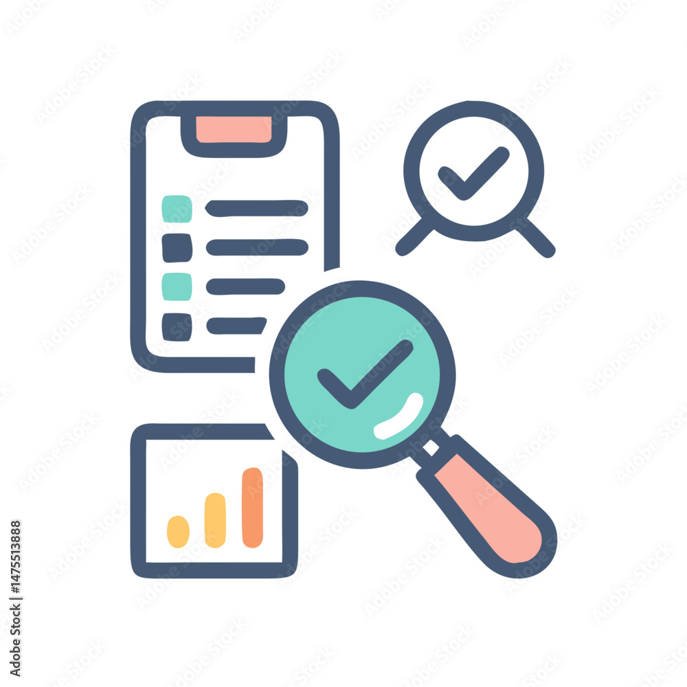 Poster data analysis report with magnifying glass and checkmark