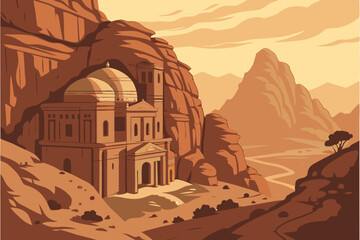 9 a beautiful ancient village nestled in the mountains, golden sandstone houses and domed structures, mysterious medieval architecture, glowing sunset colors, dramatic rocky terrain, intricate details