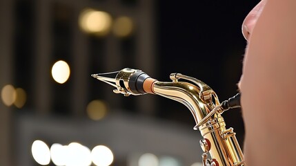 Saxophone player at night city.