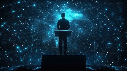 Businessman speaks at podium, cosmic backdrop