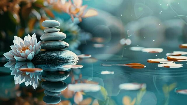 A serene scene of a pond with a white lily pad and a stack of rocks. The rocks are arranged in a pyramid shape, creating a sense of balance and harmony. The water is calm and still
