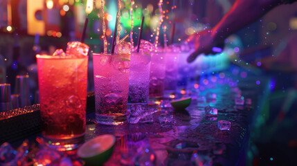 Vibrant colorful drinks under multicolored lights