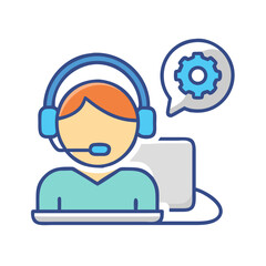 Online support with headphones, operator and gear icon