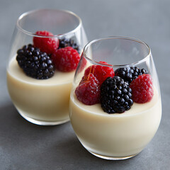 Japanese Gourmet Panna Cotta Dessert with Raspberries Blackberries Fresh Natural Vanilla Creamy Whipped Dairy Sweet Confection Rich Delicious Healthy Treat Indulgence Small Portion Elegant Tableware 