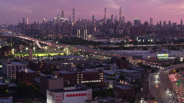 Aerial view of the New York City skyline at sunset