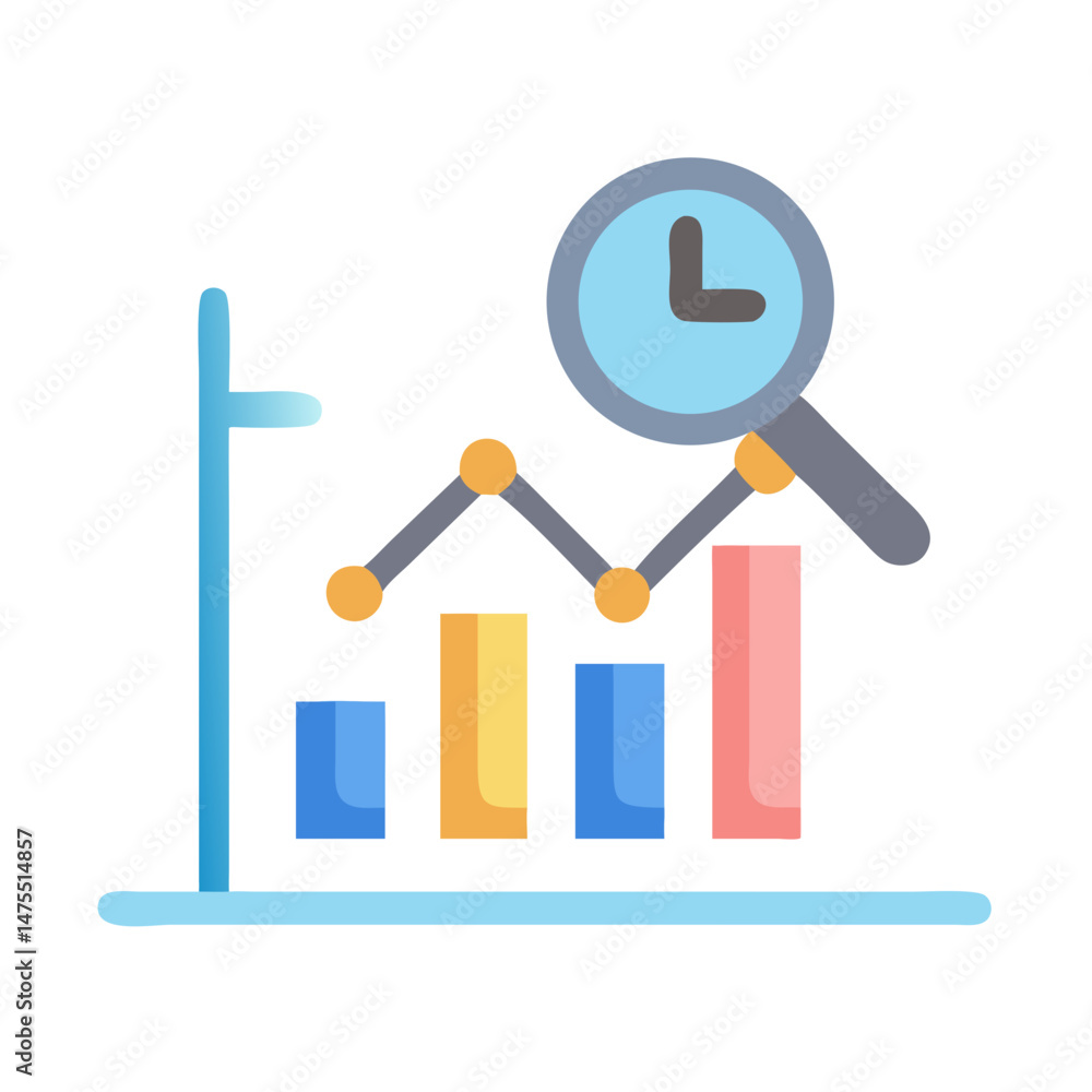 Poster time-sensitive data analysis: chart with magnifying glass icon
