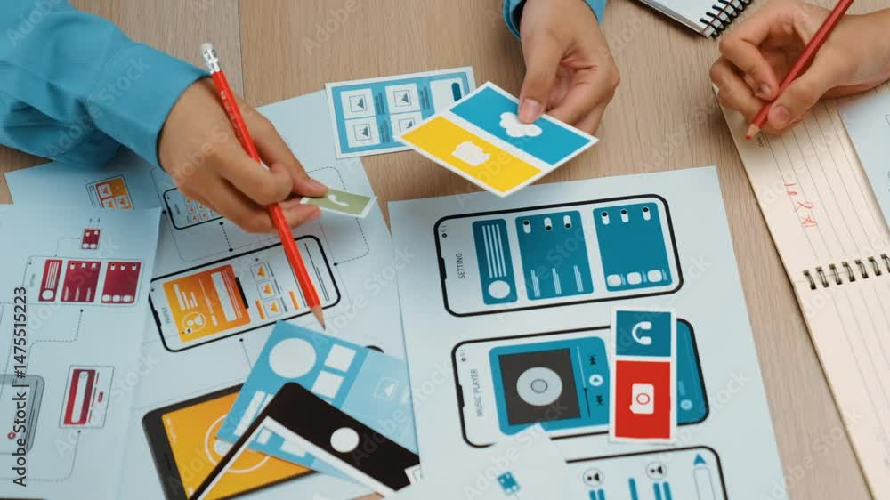 Poster top view panorama video of startup company employee planning on user interface prototype for mobile 