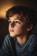 A portrait a young boy with a thoughtful expression, captured in soft lighting