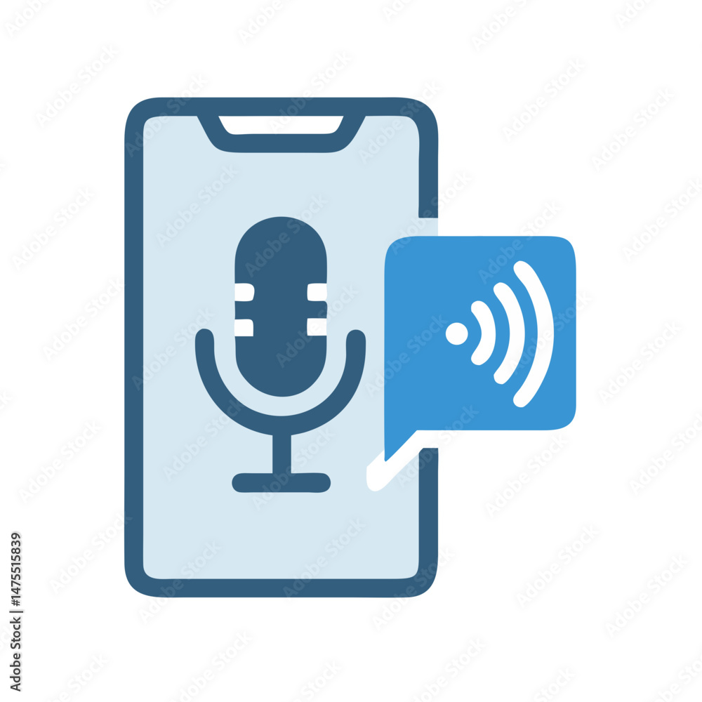 Poster voice assistant app on smartphone with microphone symbol