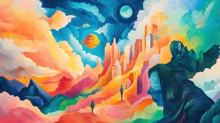 Vibrant surreal landscape with two figures exploring colorful mountains and distant futuristic cities