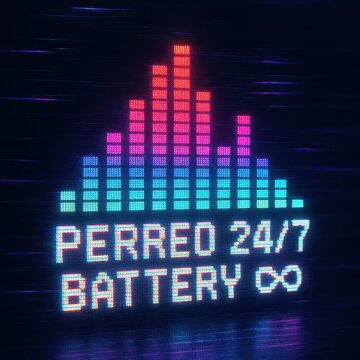 LED style digital equalizer with glitch effect text Perreo 24/7 battery infinite, concept of nonstop latin music and party atmosphere